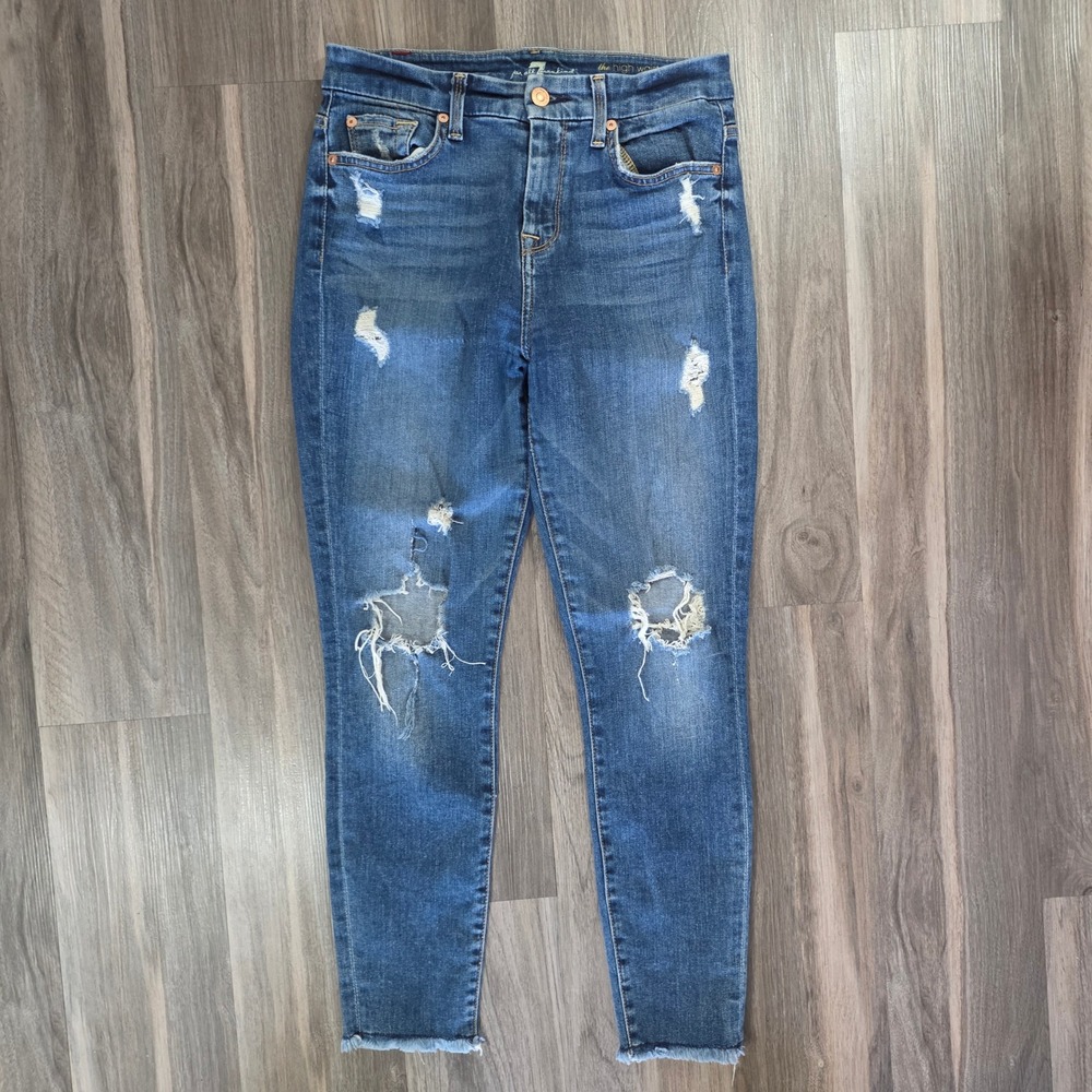 7 For All Mankind High Waist Ankle Skinny Distressed Jeans Blue 26 x 26